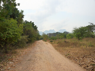Open dirt road in green forest with mountain with blue sky and white cloud in background, Thailand