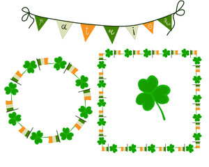 Round and square frames with flags of Ireland and shamrock for St. Patrick's Day