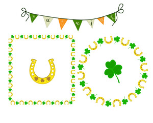 Two frames, round and square, with a shamrock and a golden horseshoe, as well as stretch flags. St. Patrick's Day Decoration