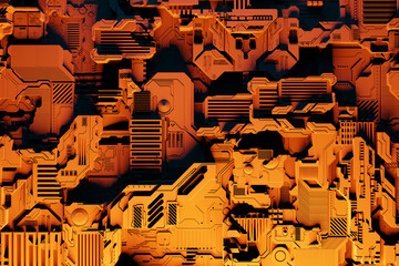 Detail of a futuristic  machine. 3D illustration of a futuristic wall made of various details under yellow neon lights. Cyberpunk background. Industrial wallpaper. Grunge details