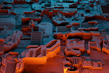 Detail of a futuristic  machine. 3D illustration of a futuristic wall made of various details under orange neon lights. Cyberpunk background. Industrial wallpaper. Grunge details