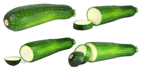 Set of images of zucchini and slices on a white background. Full depth of field. With clipping path