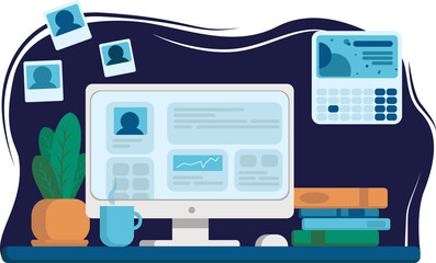  Office table. Design for collaboration. Desktop with computer, folders, coffee mug. Vector illustration in a flat style