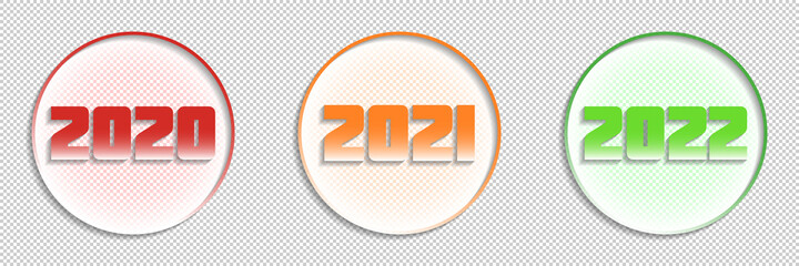Set of round icons with shadows and glow. Traffic light colors dates. 2020, 2021 and 2022. EPS10