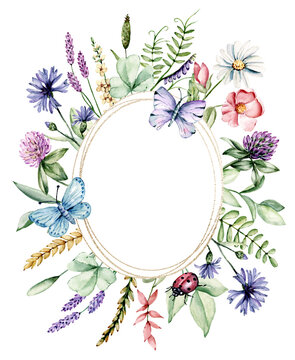 Flower frame, floral wreath, gold border. Watercolor wildflowers hand painting. Geometric background isolated on white background.