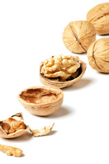 Walnuts and a nutshell on a white background. Nut - a source of vitamins and useful trace elements