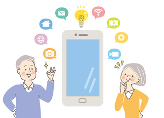 スマホを学ぶシニア女性と男性