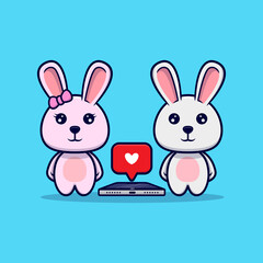 Cute bunny couple get love in phone design icon illustration