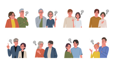 考える人々のイラスト　複数の男女　イラスト　セット
