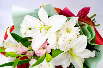 Luxurious bouquet of different flowers for holiday, gift. White background