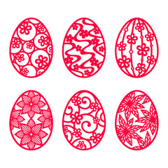 Set of red Easter eggs with a pattern, isolated on a white background. Vector decorative elements for Happy Easter design, holiday greeting card, banner, flyer, laser, plotter cutting. Spring holiday