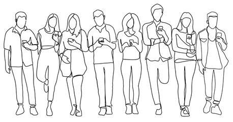 Line drawing of people using smartphone together