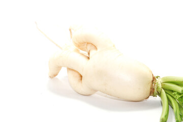 Organically grown radishes that are grown for eating and for sale - in a farmer's garden on a white background as a healthy and vegan diet, taken in my home studio.