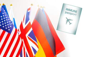 International immune passport against coronavirus. Flags different countries as a symbol of international fight against covid-19. International flights during coronavirus. Imunnyj certificate covid