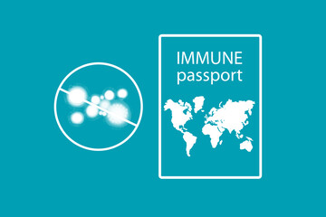 Immune passport issued to person vaccinated against coronavirus. Pictured is crossed out covid-19 malecula next to immunity passport. Document for a person with a coronavirus. Antibodies to covid-19