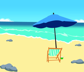  Vector cartoon style background of summer beach. Paradise nature vacation, ocean or sea seashore. Seaside landscape, tropical beach relax or seaside landscape. Vector background illustration
