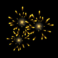 Abstract golden fireworks explosion on transparent background. New Year celebration fireworks. Holiday fireworks on dark background