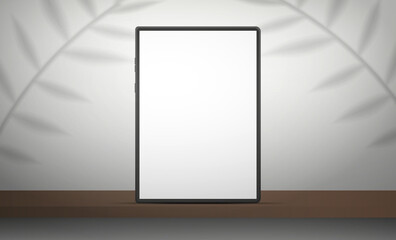 Tablet with a white screen. White studio with a shelf. Studio background space with leaves shadows. Vector. Realistic style.