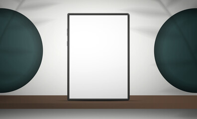 Tablet with a white screen. White studio with green holes in round circles. Studio background space with shadows and shelf. Vector. Realistic style.