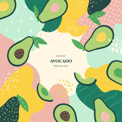 Vector frame with doodle avocado and abstract elements. Hand drawn illustrations.