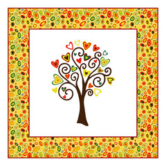 The tree of love. Vector postcard, a tree with bright hearts instead of leaves, decorated in a decorative frame, on a transparent background.