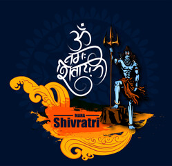 Greeting card for Hindu festival Maha Shivratri. Illustration of Lord Shiva,Indian God of Hindu for Shivratri with hindi text meaning om mahadev