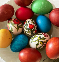 Dyed and painted easter eggs. Boiled chicken eggs