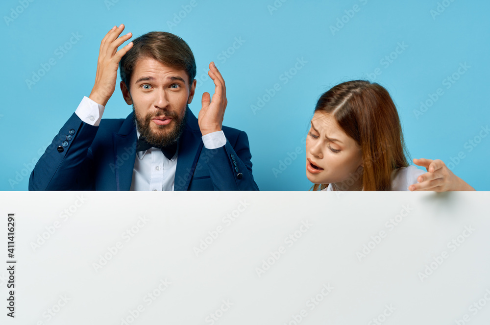 Wall mural business man and woman white banner advertising presentation isolated background communication