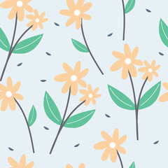 Seamless pattern with cute cartoon flowers and leaves for fabric print, textile, gift wrapping paper. colorful vector for kids, flat style