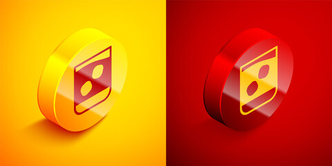Isometric Glass of whiskey and ice cubes icon isolated on orange and red background. Circle button. Vector Illustration.