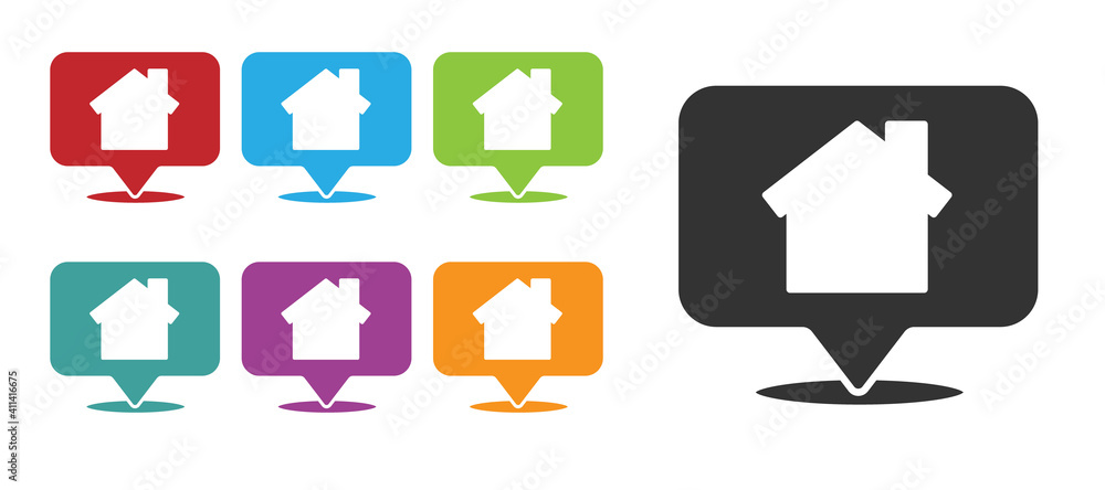 Poster black map pointer with house icon isolated on white background. home location marker symbol. set ico