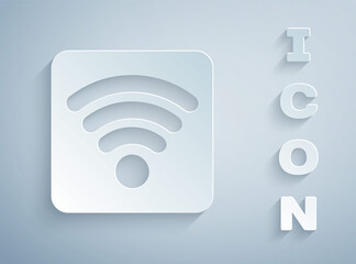 Paper cut Wi-Fi wireless internet network symbol icon isolated on grey background. Paper art style. Vector Illustration.