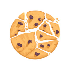 Traditional delicious pastries with chocolate pieces. Broken cookies. Vector illustration in cartoon flat style.