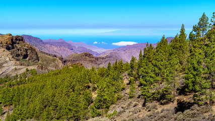 mountain landscape in Gran Canaria, desert landscape of valleys and mountains that ends in the sea.