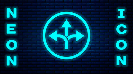 Glowing neon Road traffic sign. Signpost icon isolated on brick wall background. Pointer symbol. Isolated street information sign. Direction sign. Vector Illustration.