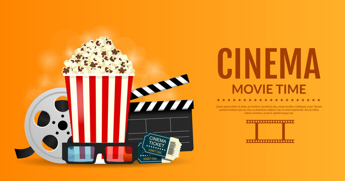 Vector illustration for the cinematography. Online cinema banner. Elements of the film industry, popcorn, film reel, clapper board, cinema tickets and 3d glasses.