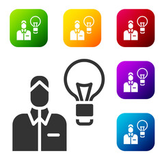 Black Human with lamp bulb icon isolated on white background. Concept of idea. Set icons in color square buttons. Vector.