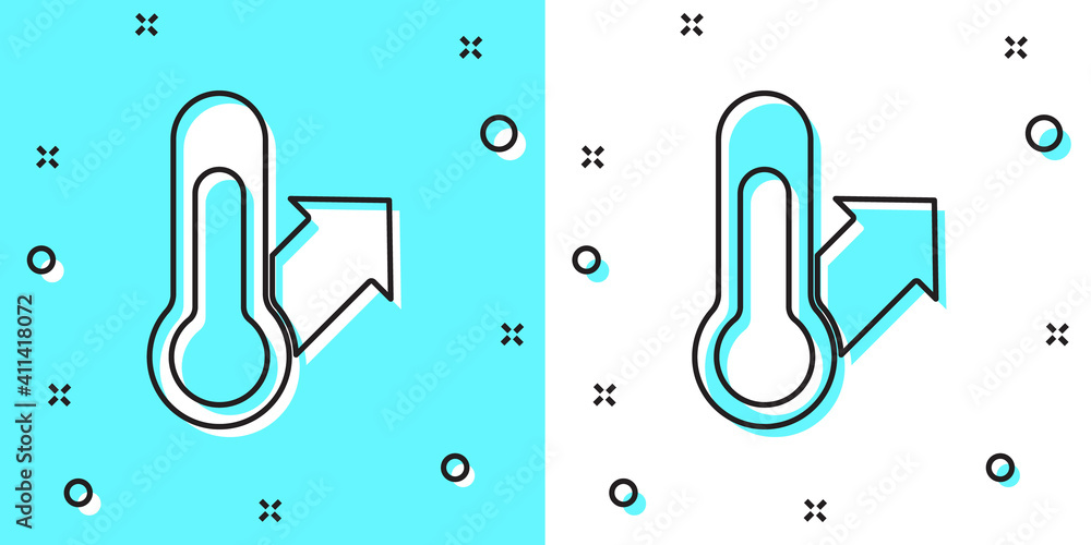 Poster black line meteorology thermometer measuring icon isolated on green and white background. thermomete