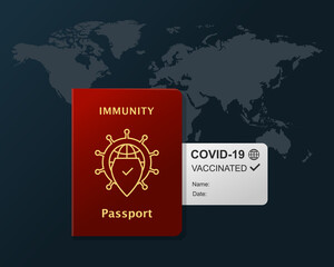Immunity passport with travel document as certificate of being vaccinated against coronavirus and world map behind. COVID-19 pandemic, vaccination and international traveling concept with world map.
