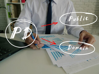 Conceptual photo about PD Public Domain with written text. Man signing document on background.