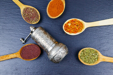 Set of different aromatic spices and spice mill on black slate. Top view