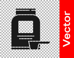 Black Sports nutrition bodybuilding proteine power drink and food icon isolated on transparent background. Vector.