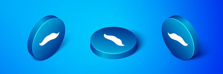 Isometric Mustache icon isolated on blue background. Barbershop symbol. Facial hair style. Blue circle button. Vector.