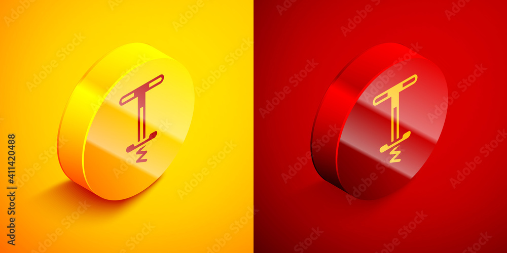 Poster isometric pogo stick jumping toy icon isolated on orange and red background. circle button. vector.