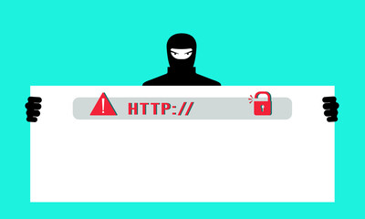 Fake Phishing website. A hacker steals personal data, passwords, and accesses users ' personal bank cards. The concept of cybercrime, Internet fraud, phishing scam. Vector illustration.