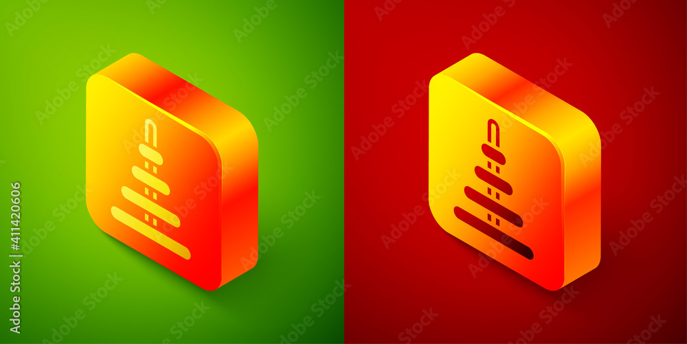 Poster isometric pyramid toy icon isolated on green and red background. square button. vector.