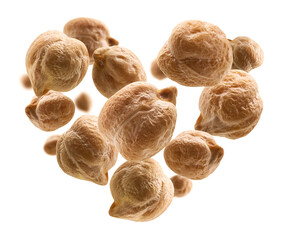 Ripe chickpeas in the shape of a heart on a white background