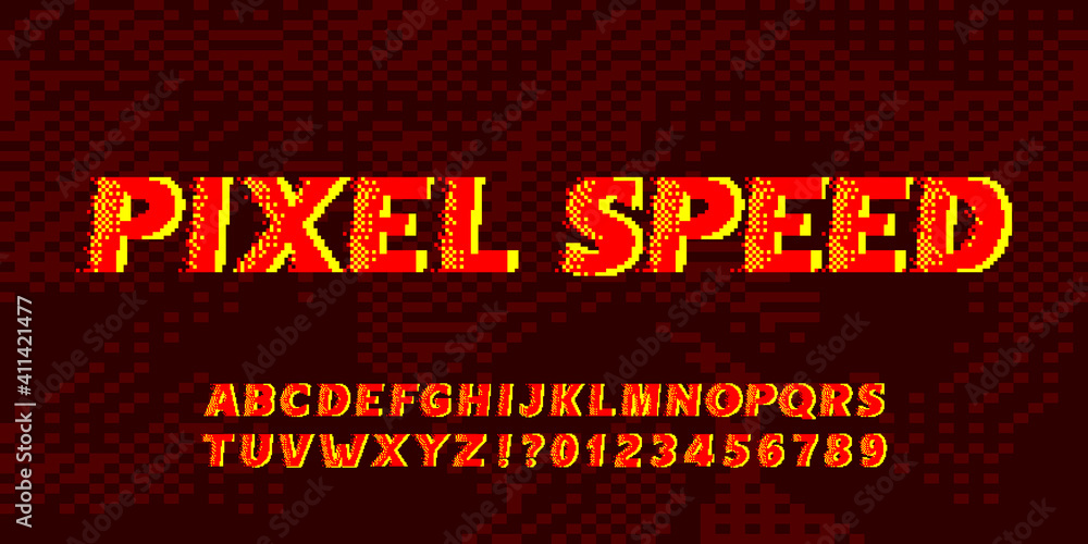 Poster pixel speed alphabet font. fast wind effect letters and numbers. 80s arcade video game typeface.