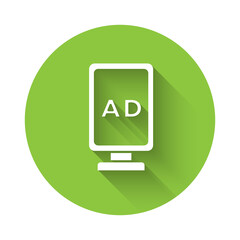 White Advertising icon isolated with long shadow. Concept of marketing and promotion process. Responsive ads. Social media advertising. Green circle button. Vector.