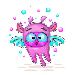 Cute cartoon flying monster. Positive and unique design. Use the product for printing on clothing, accessories, party decorations, labels and stickers, kids room decoration, invitation cards, scrapboo